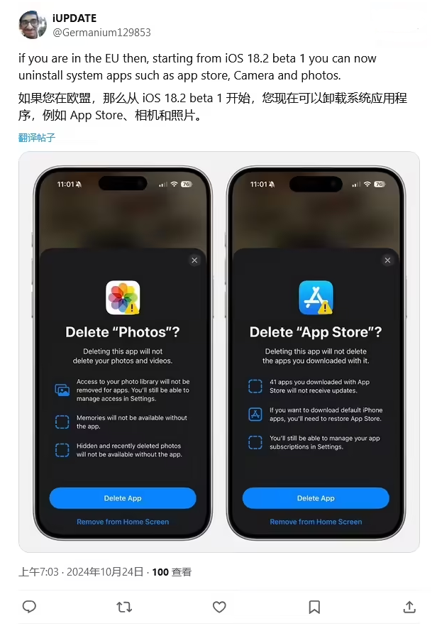 罗城苹果手机维修分享iOS 18.2 支持删除 App Store 应用商店 